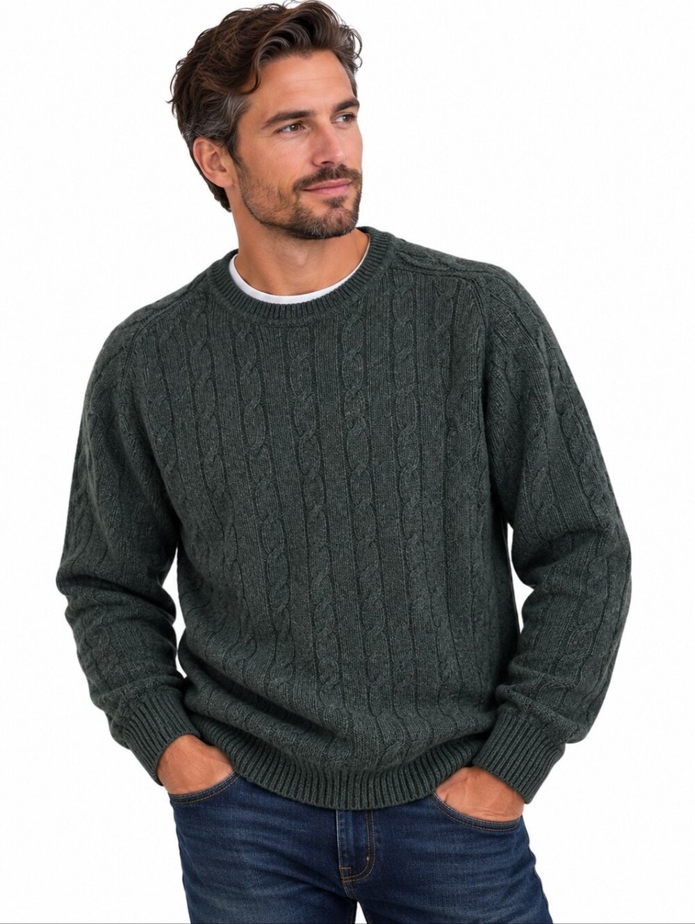 L.L.Bean Men’s XL 100% Lambswool Cable Knit Crewneck Sweater Green